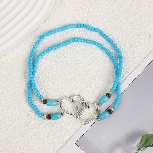 Elastic Beaded Ankle Bracelets for Women Double Heart Layered Stretch Ankle Bracelets Waterproof Dainty Boho Beaded Anklets for Summer Beach Foot Jewelry - color: Blue Silver