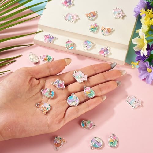 24Pcs Alloy Enamel Butterfly Flower Charms Silver Plated 3D French Style Oil Painting Pendants Vinatge Floral Pearl Bead Charms for Bracelet Necklace Earring - color: Silver Plated, 6 Styles