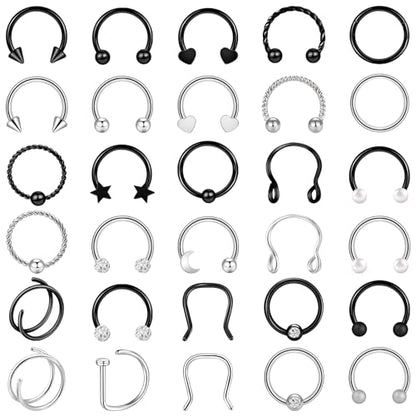 ONESING 20-30 Pcs Septum Rings 16G Septum Jewelry - Surgical Steel Piercings Horseshoe Helix Daith Smiley Tragus Lip Rings Nose Hoop Hinged Seamless Piercing Jewelry for Women Men - color: Color-C-16G-10mm