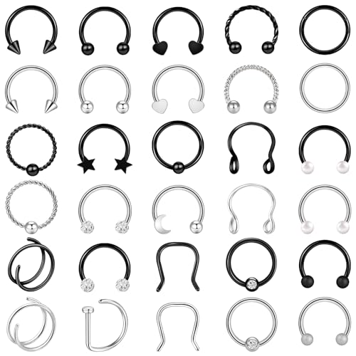 ONESING 20-30 Pcs Septum Rings 16G Septum Jewelry - Surgical Steel Piercings Horseshoe Helix Daith Smiley Tragus Lip Rings Nose Hoop Hinged Seamless Piercing Jewelry for Women Men - color: Color-C-16G-10mm