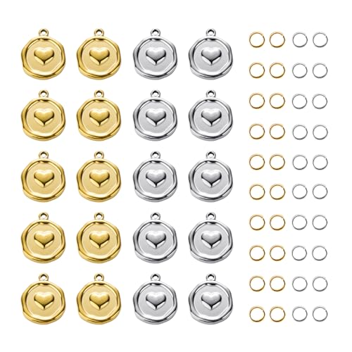 Heart Charms for Jewelry Making Stainless Steel Round Bulk Charm Pendant 2 Colors Charms with Jump Rings - color: Heart Gold Silver
