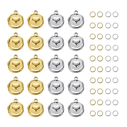 Heart Charms for Jewelry Making Stainless Steel Round Bulk Charm Pendant 2 Colors Charms with Jump Rings - color: Heart Gold Silver