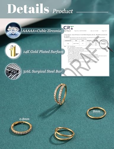 Dochais 4PCS 18G Nose Rings Hoops, Surgical Steel Earrings Tragus Septum Piercing CZ Clicker Ring, Hinged Segment Conch Lip Cartilage Double Hoops 8mm 10mm for Women Men - color: Gold, size: 20G(0.8mm),8mm