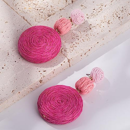 Statement Raffia Boho Round Dangle Ball Earrings - Cute Handmade Summer Bohemian Dangling Jewelry for Women - color: 3Pink