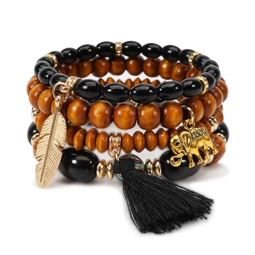 Boho Wooden Beads Bracelets Bohemian Bracelet Stack for Men Women Wood Beaded Bracelet Set - color: S