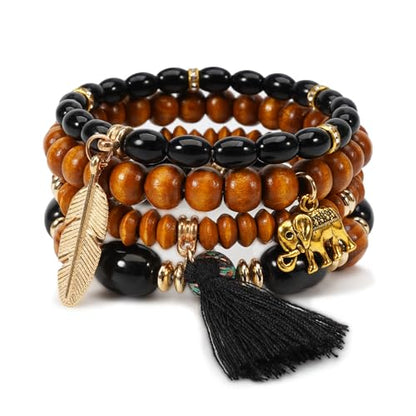 Boho Wooden Beads Bracelets Bohemian Bracelet Stack for Men Women Wood Beaded Bracelet Set - color: S
