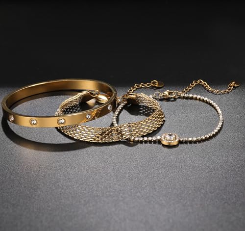 18K Gold Plated Bangle Bracelet Set for women,Cubic Zirconia Classic Stainless Steel Adjustable Gold Tennis Love Bracelets Stack for women and men - color: Stone Love Set