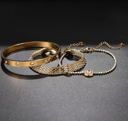 18K Gold Plated Bangle Bracelet Set for women,Cubic Zirconia Classic Stainless Steel Adjustable Gold Tennis Love Bracelets Stack for women and men - color: Stone Love Set