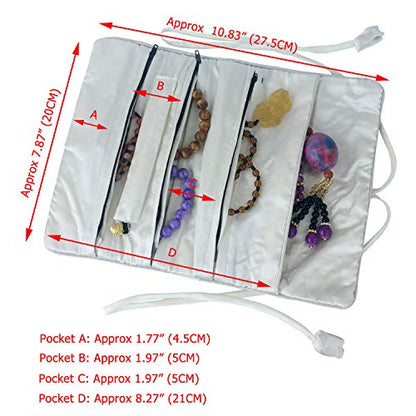 Travel Jewelry Roll Bag - Silk Embroidered Brocade Pouch for Rings, Necklaces, Earrings, Bracelets | Lightweight & Tie Closure (White) - color: White