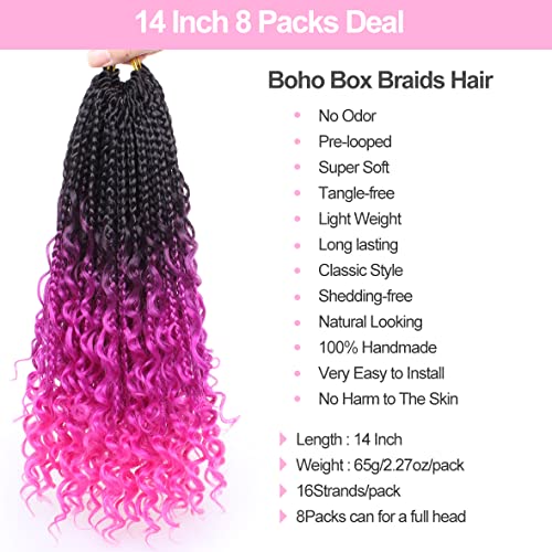 Unionbeauty 8PCS Boho Box Braids with Curly Ends Butterfly Bohemian Hippie Braids Crochet Hair 14Inch Goddess Box Braids Pre-looped Ombre Purple Synthetic Braiding Hair Extension for Black Woman 3/3# - color: 33#, size: 14 Inch (Pack of 8)