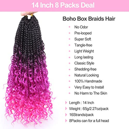 Unionbeauty 8PCS Boho Box Braids with Curly Ends Butterfly Bohemian Hippie Braids Crochet Hair 14Inch Goddess Box Braids Pre-looped Ombre Purple Synthetic Braiding Hair Extension for Black Woman 3/3# - color: 33#, size: 14 Inch (Pack of 8)