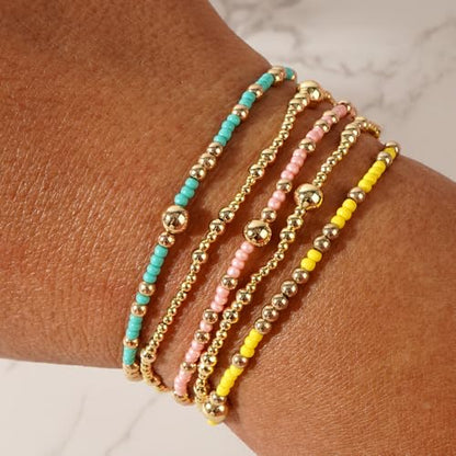 Stack Small Seed Bead Bracelets Set for Women, Boho Handmade Colorful Stretch Accessories Jewelry, Summer Beach Daily Wear Holiday Friendship Gift - color: Green
