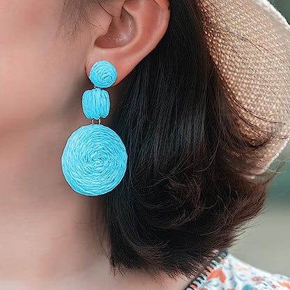 Statement Raffia Boho Round Dangle Ball Earrings - Cute Handmade Summer Bohemian Dangling Jewelry for Women - color: Blue