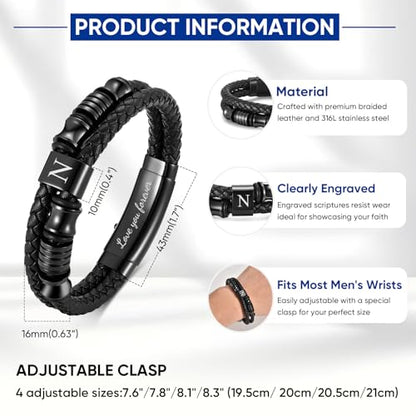 Initial Braided Leather Bracelets for Men - Double-Row Braided Mens Leather Bracelet Adjustable Wristband Initial Bracelet with Stainless Steel Clasp Unique Jewelry Gifts for Husband Dad Friend Son - color: Initial N