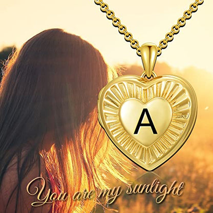 SOULMEET 10K 14K 18K Solid Yellow Gold/Plated Gold Locket Radiation Initial Heart Locket Necklace that Holds Pictures Personalized Photo Locket Necklace Alphabet A-Z - style: S-locket only