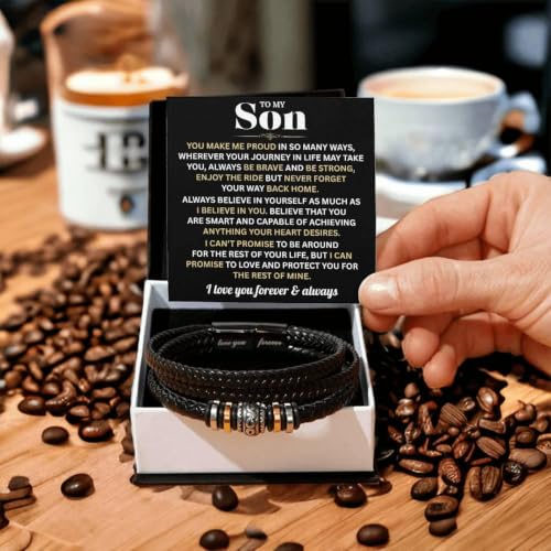To My Son Bracelet FromMom and Dad with Heartfelt Message Card, Meaningful Love You Forever Braided Vegan Leather Mens Bracelet | Birthday, Valentines, Graduation Gifts From Parents, Leather Bracelet