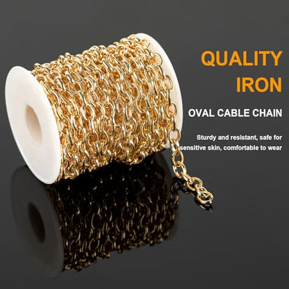 KYUNHOO 5 Meters Gold Plated Iron Chains for Jewelry Making Oval Circle Link Chain Roll Chunky Cable Chains for Necklace Bracelet Making Finding Jewelry Supplies - color: 9.6x6.7mm-Gold