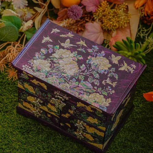 February Mountain Mother of Pearl Wooden Jewelry Organizer Box – Jewelry Storage Box for Women, Features Spacious Drawers, Ideal for Rings, Bracelets, Watches, Chains, Accessories (Peony_Purple) - style: Peony_Purple