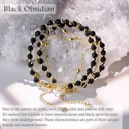 Farfume Crystal Beaded Bracelets for Women 4mm Natural Stone Jewelry Gifts | Natural Beads Gemstone,Handmade,Helper Tool,Yoga Protection,Hypoallergenic,Durability Wear - color: Black Obsidian-Purification