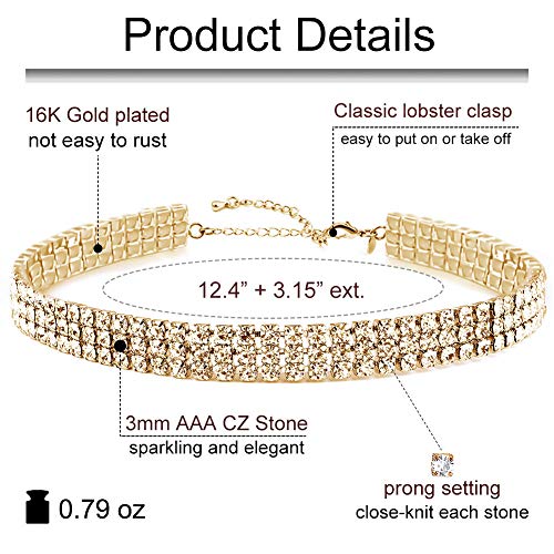 Zealmer 18K Yellow Gold Plated 1-5 Rows Rhinestone Choker Necklace & Stretch Bracelets Set Wedding Jewelry - style: 3 Row