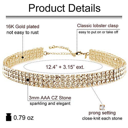 Zealmer 18K Yellow Gold Plated 1-5 Rows Rhinestone Choker Necklace & Stretch Bracelets Set Wedding Jewelry - style: 3 Row