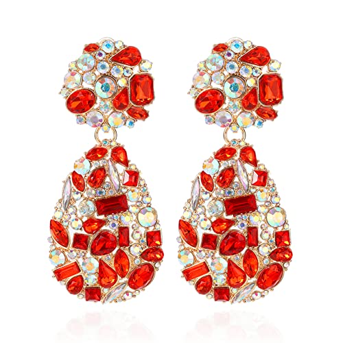 Rhinestone Statement Earrings Teardrop Costume Earrings Cluster Crystal Chandelier Drop Dangle Earrings for Women - color: Red