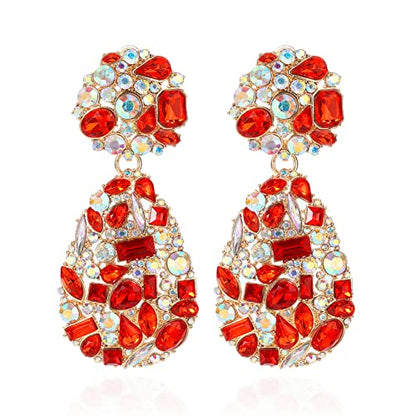 Rhinestone Statement Earrings Teardrop Costume Earrings Cluster Crystal Chandelier Drop Dangle Earrings for Women - color: Red