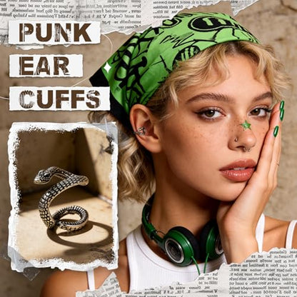 Gothic Stainless Steel Ear Cuffs Non Piercing Cartilage Clip On | Punk Emo Y2k Alt Goth Style,Men Women,Silver Fake Earring,Hypoallergenic Adjustable,Jewelry Gift,Edgy design - color: L4-Black Snake Design