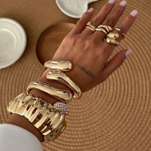 CJIAYUJEW 3Pcs Big Chunky Gold Bangle for Women Silver Cuff Wide Bracelet Trendy Teardrop Wire Irregular Minimalist Jewelry - style: A-Gold