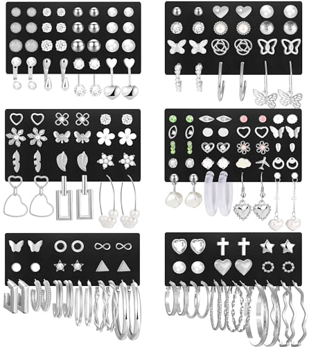 84 Pairs Gold Stud Earrings Set for Women Multipack, Fashion Pearl Cubic Zirconia Butterfly Earrings Packs Piercings, Hypoallergenic Stud Hoops Earrings for Gift - color: Style02-silver