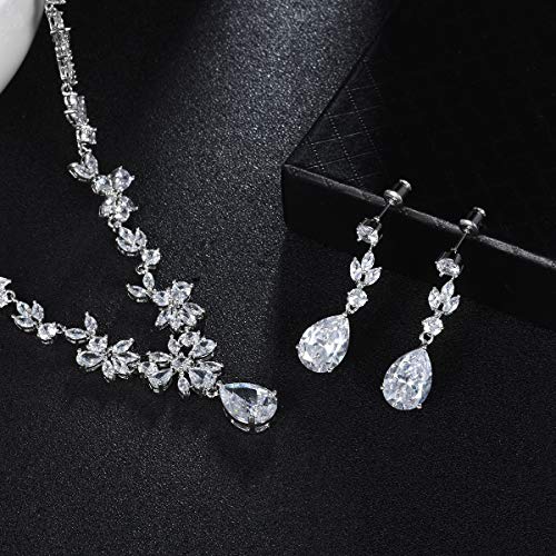 Jewelry Set for Women, Necklace Dangle Earrings Bracelet Set with White AAA Cubic Zirconia, Allergy Free Wedding Party Jewelry for Bridal Bridesmaid - color: Necklace + Earrings