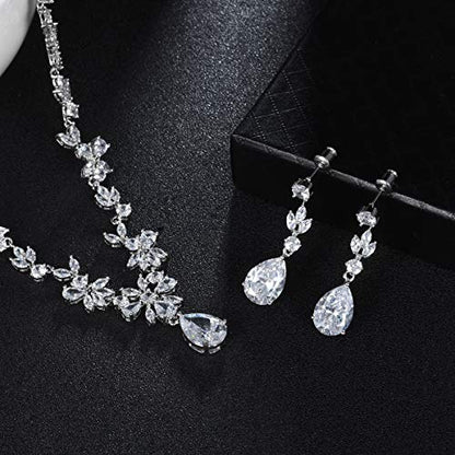 Jewelry Set for Women, Necklace Dangle Earrings Bracelet Set with White AAA Cubic Zirconia, Allergy Free Wedding Party Jewelry for Bridal Bridesmaid - color: Necklace + Earrings