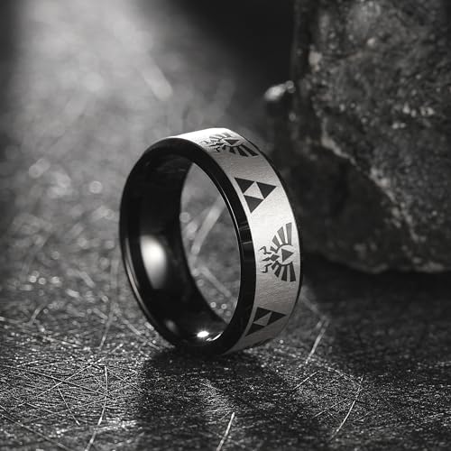 King Will Mens Tungsten Carbide Wedding Ring Game-Themed Laser Pattern Ring | Black/Blue, 8mm, Matte Finished, Stepped/Beveled Edges, Everyday Wear - color: Black