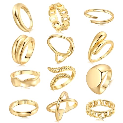 FAXHION 12PCS Gold Stackable Rings Set for Women, 18K Gold Plated Open Stacking Knuckle Ring, Adjustable Chunky Signet Band Statement Ring for Gift - color: 3-ringsGold