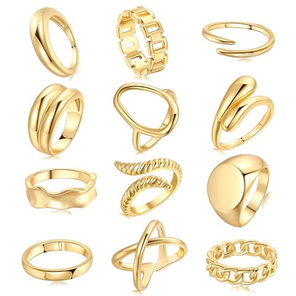 FAXHION 12PCS Gold Stackable Rings Set for Women, 18K Gold Plated Open Stacking Knuckle Ring, Adjustable Chunky Signet Band Statement Ring for Gift - color: 3-ringsGold