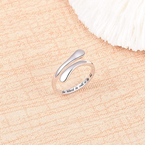 Fookduoduo 925 Sterling Silver Ring Inspirational Jewelry adjustable Wrap Open Rings for Women - style: She Believed She Could So She Did