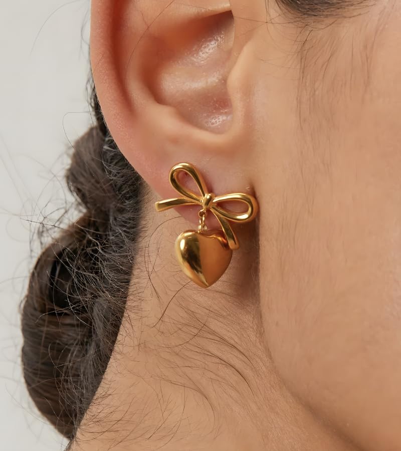 18K Gold Plated & Silver Chunky Heart & Bow Earrings for Women, Chunky Heart Dangle Hoops/Tiny Studs, Kawaii Dainty Hypoallergenic Jewelry for Multiple Piercings, Gift for Her - style: Bow&Heart-Gold