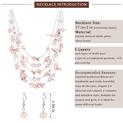 Multi-Layer Boho Shell Beaded Necklace for Women Colorful Crystal Strand with Silver Beads Statement Collars Necklace and Earrings Costumes Jewelry Sets for Women - color: 45-Pink