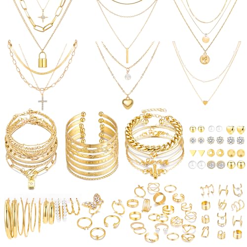 MEDOJO 93 Pcs Golden Jewelry Set for Women Costume Jewelry Pack Golden Plated Necklace Bracelet Stackable Ring Earrings Jewelry for Christmas New Year