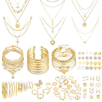MEDOJO 93 Pcs Golden Jewelry Set for Women Costume Jewelry Pack Golden Plated Necklace Bracelet Stackable Ring Earrings Jewelry for Christmas New Year