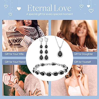 LMXXVJ Necklace Long Earrings Bracelet Set, White Gold Plated Created Blue Sapphire Jewelry Set Wedding Party Gift Jewelry for Women Bridal Bridesmaid - color: Black