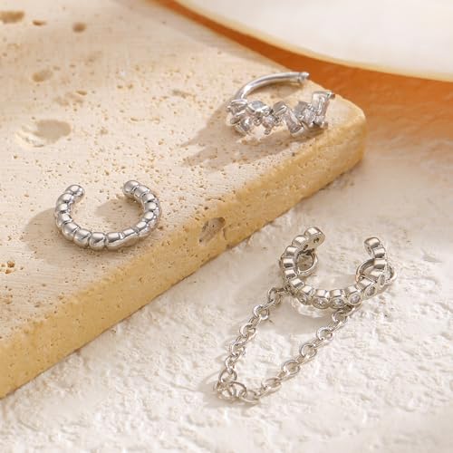3Pcs Ear Cuffs Non Piercings for Women, Trendy Cubic Zirconia Gold Silver Clip On Cuff Earrings Set Jewelry Dainty Fake Cartilage Earring - color: Silver Chain2