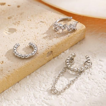 3Pcs Ear Cuffs Non Piercings for Women, Trendy Cubic Zirconia Gold Silver Clip On Cuff Earrings Set Jewelry Dainty Fake Cartilage Earring - color: Silver Chain2