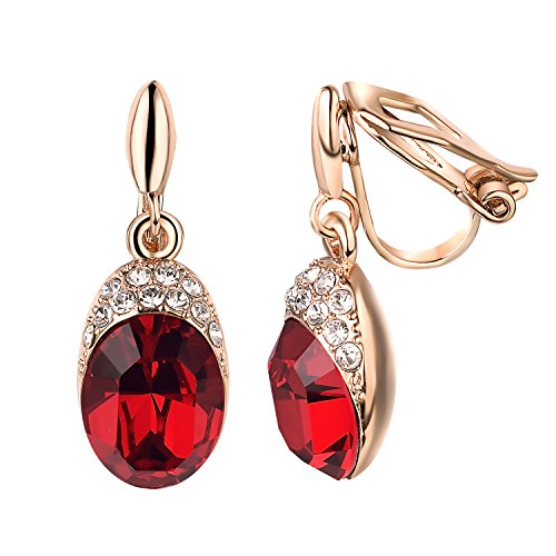 Yoursfs Wedding Clip on Earrings For Women 18K Gold Plated Halo Big Austrian Crystal Dangle Earring Birdal Jewelry - color: Red