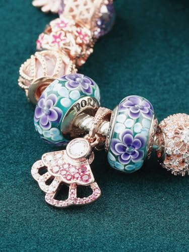 2pcs Authentic 925 Silver Murano Glass Flower Charms for Pandora Bracelets - color: 01-Purple flowers