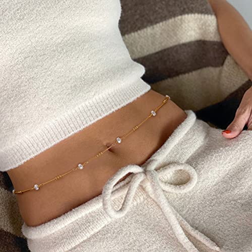 Adjustable 18k Gold Plated Waist Chain, Beach Bikini Body Chain, Handmade Boho Belly Chain - color: F. pearl-baroque