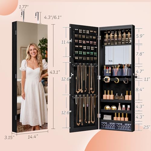Unisakey Mirror Jewelry Cabinet,Lockable Wall or Door Mounted Jewelry Armoire Organizer With Built-up Mirror,LED Lights, Drawers,Cosmetic Trays,Shelves, 14.4"x3.15"x 43.1"（Black） | Door or Wall Mount Flexible,Drawers Cosmetic Trays Shelves Inside,Built-in