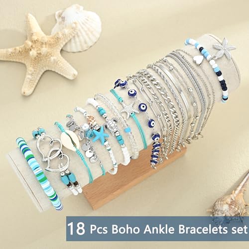 21PCS Gold Ankle Bracelets for Women, Boho Shell Bead Cuban Link Chain Waterproof Gold Anklets Set, Adjustable Layered Anklets for Women Beach Jewelry Gift - color: Silver