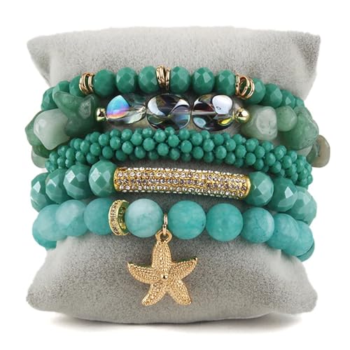 Yomisa Boho Beaded Bracelets/Bangle for Women,Multilayer 5/6/7PCS Healing Natural Handmade Stone Bead Bracelets Stackable Stretch Friendship Beaded Bracelet Set Trendy Western Bohemian Jewelry Gift - color: 5pcs-Green