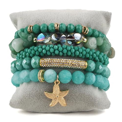 Yomisa Boho Beaded Bracelets/Bangle for Women,Multilayer 5/6/7PCS Healing Natural Handmade Stone Bead Bracelets Stackable Stretch Friendship Beaded Bracelet Set Trendy Western Bohemian Jewelry Gift - color: 5pcs-Green